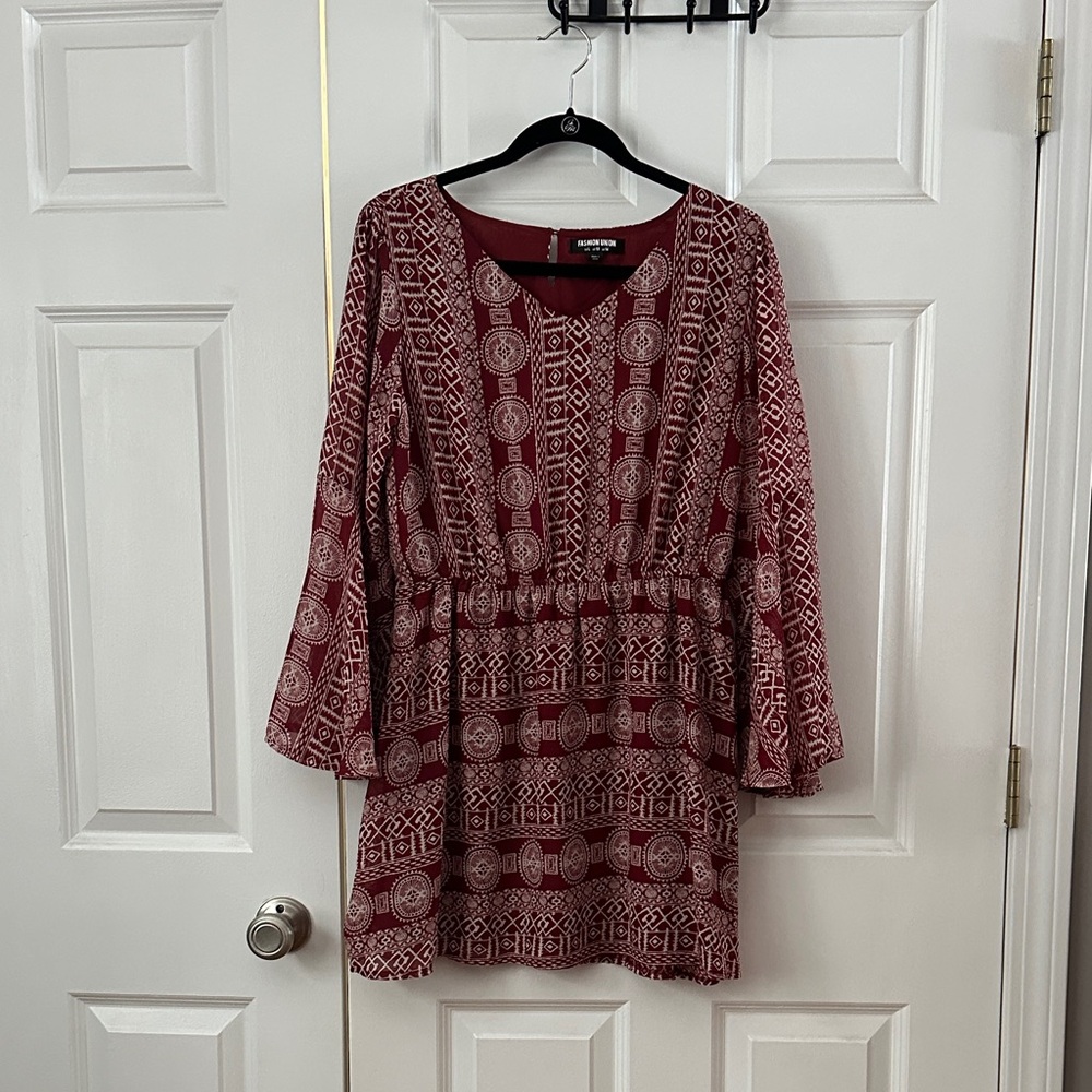 Cato Burgundy Geometric Long Sleeve Dress